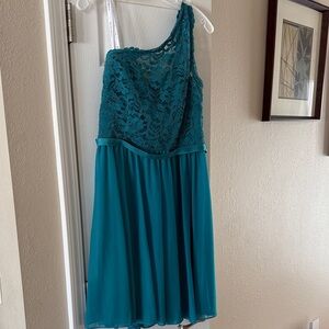 David's Bridal Teal One Shoulder Dress